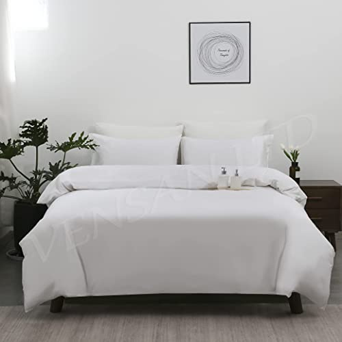 Vensan Duvet Cover & 2 Pillowcases Bedding Set, King Size. 100% Cotton Satin, 300 Thread Count, White, Soft Silky Breathable Natural 5 Star Hotel Quality.