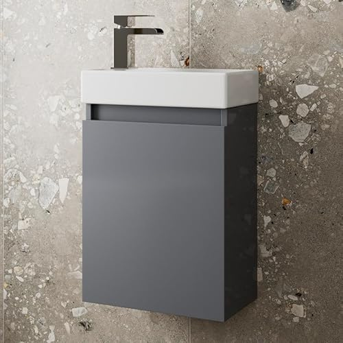 Artis 400mm Bathroom Vanity Unit With Wash Basin Ceramic Sink, Single Door, Cloakroom Storage Furniture Under Basin Cabinet, Wall Hung Cabinets, Grey Gloss