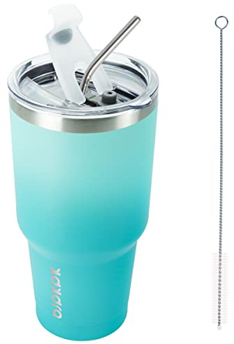 BJPKPK 8,5 dl rostfritt stål tumlare färgblock isolerade glas kopp med lock och sugrör, dubbelväggig resekaffemugg, mint