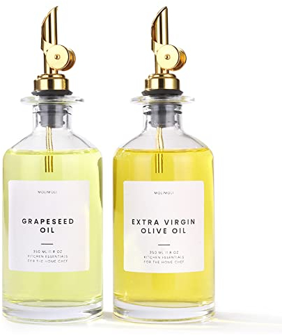 Molimoli Dispenser per Olio Cucina, Versatore Automatico, Bottiglia Sottile in Vetro per Cucina, Brocca per Olio d'Oliva, | Set di 2
