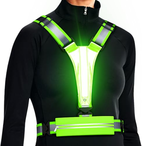 Ylzzrs Reflektierende LED-Weste, Laufausrüstung, über wiederaufladbar, leuchtende Laufweste, Brust, Handyhalter für Läufer, Nachtspaziergänge, 6–11 Stunden Licht, verstellbare Taille/Schulter für