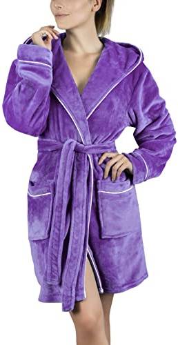 Gräfenstayn Badrock damer fluffig med huva – gosig fleece – Oeko-Tex Standard 100 – kort morgonrock – storlek S – XXXL, Lila, S