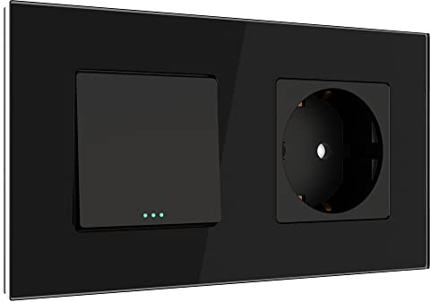PULSAR Wechselschalter/Steckdose mit Kindersicherung Glas Schwarz 2-Fach | Steckdose mit Wechselschalter 2-Fach Glas Schwarz- Lichtschalter Unterputz mit Wandsteckdose mit Kindersicherung 16A 250V