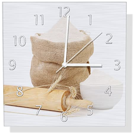 Wallario Design Wanduhr Backen-Ensemble mit Nudelholz, Mehl-Sack, Ähren und Zucker aus Aluverbund, Alu-Uhr Größe 30 x 30 cm, weiße Zeiger mit Metalloptik
