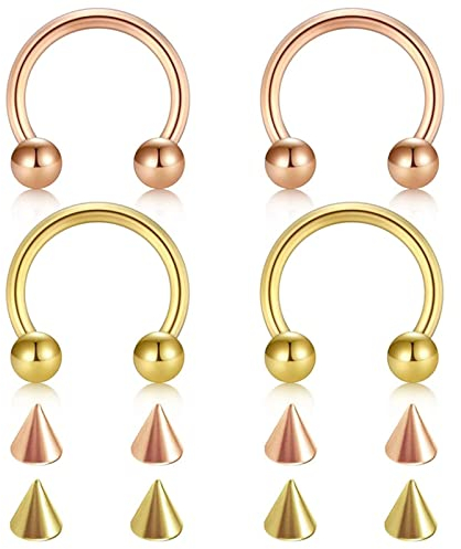 Skcess Nostril Piercing Ring Chirurgenstahl, Nasenpiercing Gold Hufeisen mit Roségold 8 Ersatzspitzen Und 4 Nasenlochringe 4Pcs