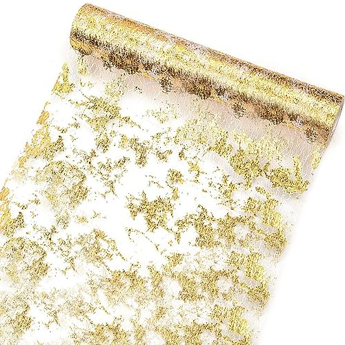 Tischläufer Gold, 28 cm x 10 m Tischband Metallic Tischläufer, Tischdecken Hochzeit Dekostoff Gold für Hochzeit Kommunion Geburtstag Party Golden