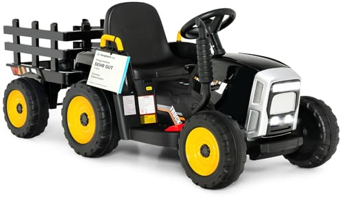 COSTWAY 12V 3-Gang Traktor mit abnehmbarem Anhänger und 2,4G Fernbedienung, Kinder Aufsitztraktor mit LED Lichtern, Musik, Hupe & USB Funktionen, geeignet für Kinder ab 3 Jahren (Schwarz)