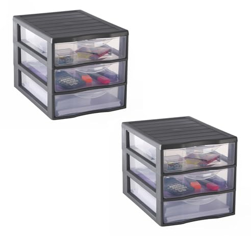 SUNDIS Orgamix, schubladenboxen aus Kunststoff, 3 Schubladen für A4-Papier | 2er-set, Grau, Höhe 25,5 cm, stapelbar, ideal für Schreibtisch, Unterricht, Dokumente, Zubehör