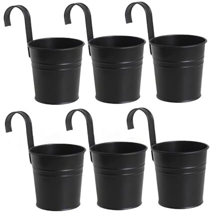 XZJMY Hängende Blumentöpfe aus Metall, Eisen, kleine hängende Pflanzgefäße, Balkon-Pflanzgefäß mit abnehmbarem Haken, für Geländer, Zaun, Balkon, Garten, Hängetöpfe, 6 Stück, 10,2 cm (schwarz)