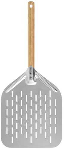 Pala per Pizza Forata 30 x 40 cm Pala Pizza Legno con Manico in Legno Antiscottatura Pala Barella per Pizza in Alluminio Superficie per Forno Pizza Pane Torta