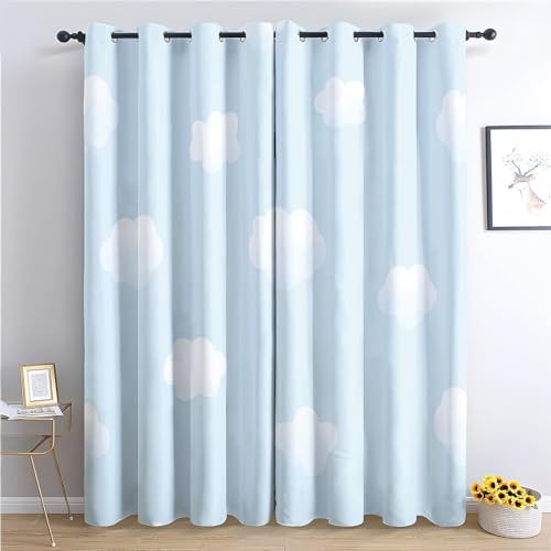 Cartoon Blauer Himmel Mit WeißEn Wolken Blickdichte Ösenvorhänge, 2er Set Verdunkelungsvorhang H245 x B140 cm, Thermoisoliert & Geräuschreduzierend, Polyester Gardinen für Wohnzimmer Kinderzimmer