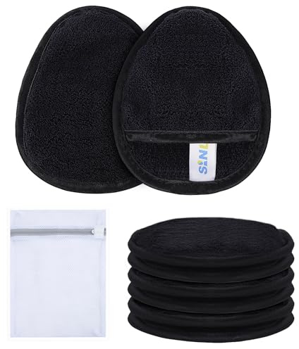 SINLAND Reusable Makeup Remover Pads For Face,Eye,Lips Microfiber Gentle Facial Cleansing Cloths for All Skin Types Friendly for Makeup Remover With Laundry Bag Black Pack of 6