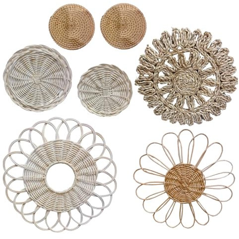 BEIJIALY Weiden-Wandkorb-Dekoration, 7 Stück Flache Gewebte Körbe, Ideal für Boho-Rattan-Wanddekoration, Gewebte Korb-Wanddekoration, Hängekorb-Wanddekorations-Set, Wanddekorationskörbe aus Weidengefl