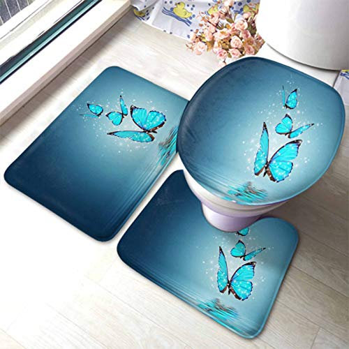 Set 3 Teilig Badvorleger Schmetterling Blau Helle Farbe Schöne Magische Schmetterling Fliegen Über Wasser Badematte Und Wc-Vorleger-Set Waschbar Dekorative Badematte 3-TLG, Für Wohnzimmer