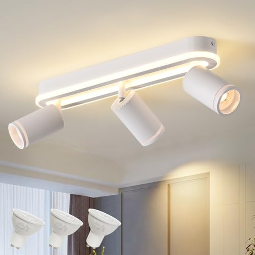 SANSHI Deckenleuchte 3 Flammig LED,Schwenkbar 350°Deckenstrahler,Weiß | Deckenlampe mit unteres Glühen 27W+3x5W GU10 Spots,Modern Deckenspots Strahler 3000K,Spotlight Lampe für Wohnzimmer,Küche