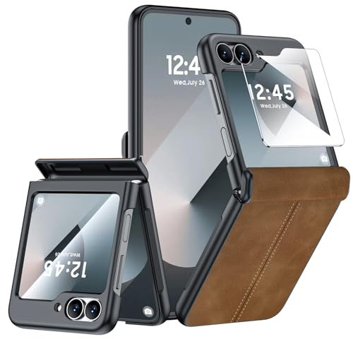 CENMASO for Samsung Galaxy Z Flip 6 Case with Screen Protector & Hinge Protection, Ultra-Thin Shockproof Leather Phone Case for Z flip 6(Brown)