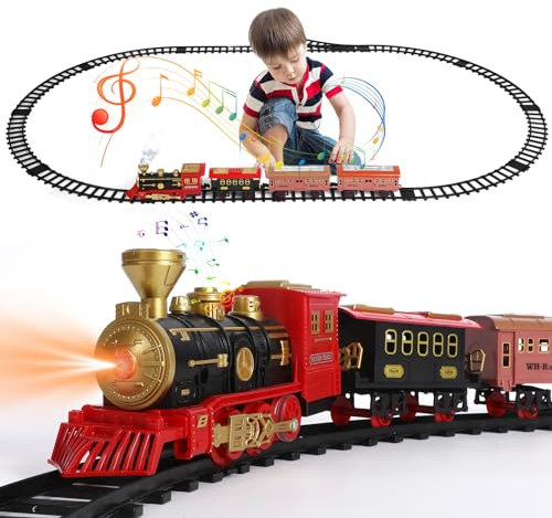 Geegear Elektrischer Zug Set für Kinder, Spielzeugeisenbahn Set mit Rauch Dampfzug Spielzeug Klassik Dampflok Weihnachts Set Weihnachtszug Elektrisch um den Baum Weihnachts Neujahr Geschenk