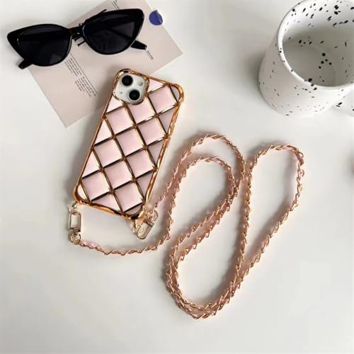 HUUMAGIC Custodia con cordino per collana a tracolla scozzese in plaid con diamanti per iPhone 14 15 13 12 Pro Max 14 15 Plus 12 13 MiNi 11 Cover,Rosa,Per iPhone 12Mini