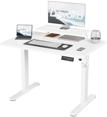 Devoko 120×60cm Elektrisch Höhenverstellbarer Schreibtisch mit Monitorständer, Computer-Schreibtisch, mit 2 Höhen-Speicherfunktionen, Weiße