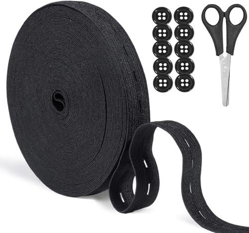 Nadisean 16M Schwarz Gummiband mit Knopfösen, 20mm Flaches Nähband Gummiband mit Knopfloch, Knopflochgummiband Elastisches Stark，Lochgummi mit 12 Stück Knöpfe für Nähen, Stricken, Taillenbändern