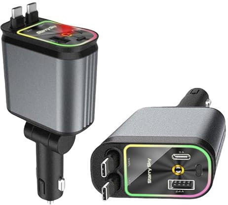 Starlight 4 in 1 Retractable Car Charger - Roof Mounted, Star Night Light, Dual Type C Fast Charging Car Adapter, Adjustable Retractable Cable USB Charger for Multi Device Charging
