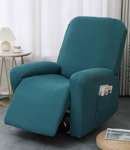 Hearda sesselschoner für Relaxsessel 1 Sitzer, 4-Teilig Jacquard Grün Sesselschoner für Fernsehsessel und Relaxsessel mit Taschen, Stretch Sesselbezug mit armlehne