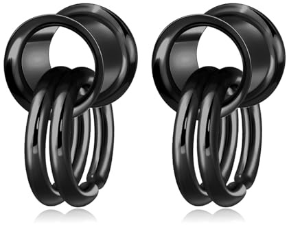 Longbeauty 1 Paar Edelstahl Ohr Tunnel Double Flared Flesh Ohr Gewichte mit Dangle Ringen für Damen Herren Ohrpiercing Gestreckte Schmuck, Schwarz, 10MM