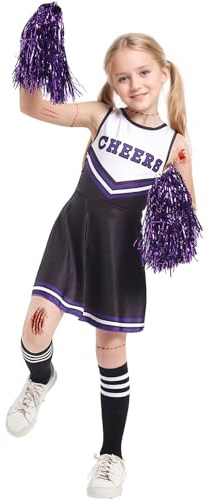 JiAmy Mädchen Cheerleader Kostüm, Schulspiel Cheerleading Uniform mit Pompons und Socken, Halloween Fancy Dress Up Outfit für Kinder 4-5 Jahre Schwarz