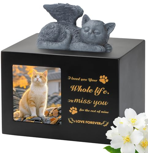 DiDiBirDi Urnas para gatos, caja de cremación para mascotas, urna de madera para cenizas de gato negro, viene con una estatua de ángel de gato de resina y una bolsa de terciopelo para guardar las