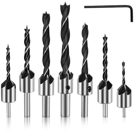 Punta da Trapano Svasatore,7 Pezzi Punte per Svasatori,Punte da Trapano per Legno 3 4 5 6 7 8 10mm, HSS Alesatore per Carpenteria Punta,con Chiave Esagonale per Legno, Plastica