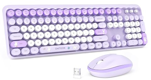 Wireless Keyboard and Mouse Combo, Colorful RetroTypewriter Keyboard with Cute Bunny Round Keycaps, Full-Sized 2.4GHz Cordless Office Keyboard and Quiet Mouse for Mac/Win/Computer/Laptop, Purple