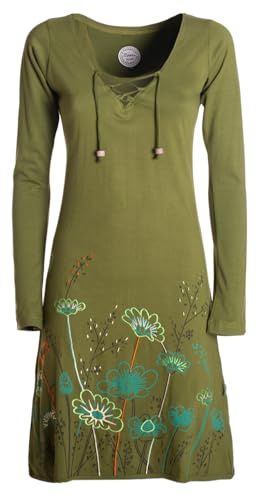 Vishes - Alternative Bekleidung - Damen Langarm-Shirtkleid Tunika-Kleid Baumwollkleid mit Blumen-Print Olive 38