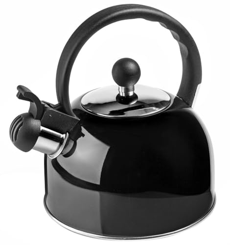 Bouilloire sifflante en acier inoxydable noir, capacité optimale, légère et résistante, idéale pour faire bouillir l'eau rapidement.