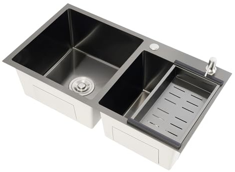 OUKANING Waschbecken Doppelspüle Küche Edelstahl 304, 2 Becken mit Seifenspender und Abtropfkorb, Aufputz/Unterputz Montage, Nano Spüle Set inkl. Abflussrohre und Dichtungen