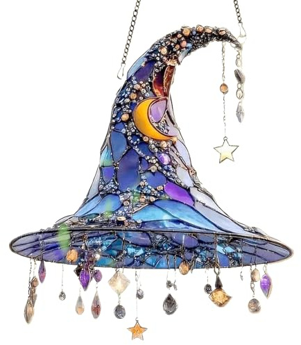 Halloween Witch Hat Hanging Ornament, 8 Inch Acrylic Witch Hat Suncatchers, Halloween Hanging Sun Catcher Witchs Hats Ornament, Stained Witchs Hats Window Hangings Suncatchers, for Home Garden Decor