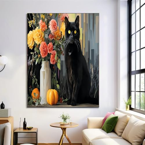 Quadro Su Tela Grande, Vaso Gatto Nero, Arte Murale - Grigio Antracite Dipinto A Olio Medievale, Stampa Artistiche Parete Quadri Per Soggiorno E Camera Da Letto, 80X120Cm, Senza Cornice