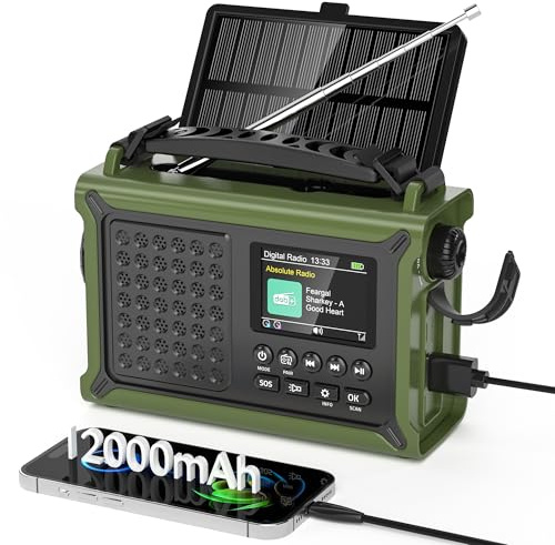 Radio Portátil Dab+/Dab/FM, Radio Solar con Manivela con Batería Recargable de 12000 mAh, Radio con 80 Emisoras Presintonizadas, Pantalla LED TFT de 2,4, Alarma SOS para Senderismoa, Camping