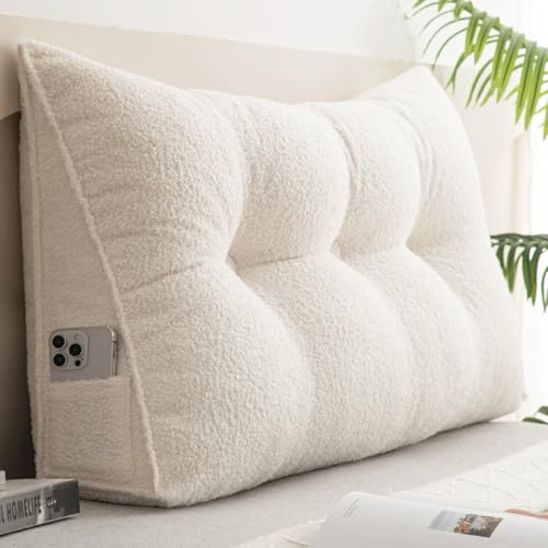 Großes dreieckiges Keil-Rückenkissen, Kopfteil, Lese-Rückenlehne mit Lendenwirbelstützkissen, weiche Nackenrolle für Bett, Sofa, Tagesbett, Couch, Bodensitzen (Weiß, 150 x 50 x 20 cm)