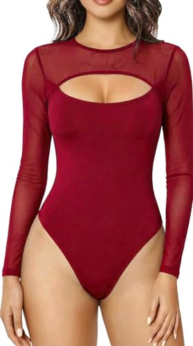 Sukiglam Body Donna Elegante Maniche Lunghe Collo Alto Bodysuit in Rete Trasparente Sexy Cut-Out Aderente Bodysuits Shapewear Basic T-Shirt Casual Jumpsuits Tops Bodys Blusa per Festa Club Streetwear
