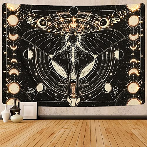 HOMSPE Mondphasen-Wandteppich, Vintage-Schmetterling, psychedelische Motte, Wandteppich, schwarzer Mond und Sterne, ästhetischer Wandkunst, Wandbehang für Zimmer (130 x 150 cm)