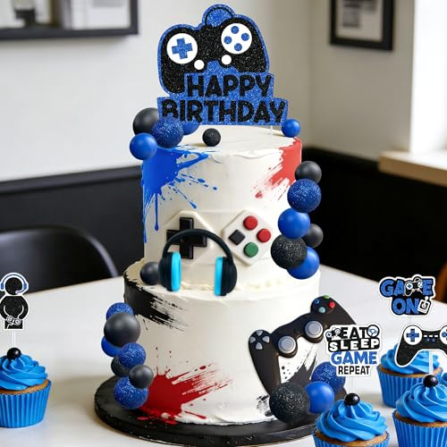 28PCS Video game themes Cake Toppers Headset Cake Decoration | Ball Controller Cake Decoration for Music Birthday Party Supplies