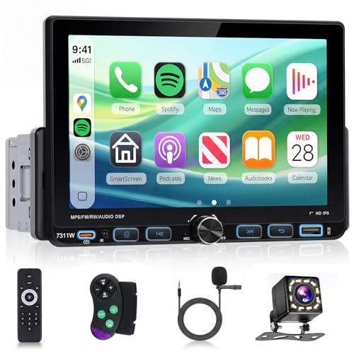 Hodozzy RDS Autoradio 1 Din con CarPlay Wireless Android Auto, IPS Schermo da 7 Pollici con USB Type-C, Compatibile con Bluetooth 5.2, EQ Comandi al Volante, Telecamera Posteriore