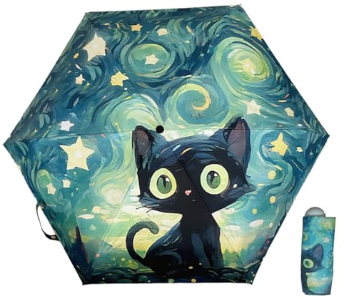 Maibar Kompakter Reiseschirme für Damen UPF 50 Katze Taschenschirme UV Schutz 3D Muster Klappschirme SPF 50 Regenschirm