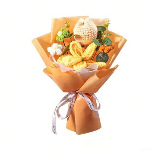 Ramo de flores de ganchillo hecho a mano con lirios y tulipanes para decoración del hogar, dormitorio, sala de estar, escritorio, estantería (amarillo)
