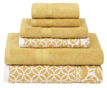 Modern Threads - Set di 6 asciugamani 100% cotone, filigrana a trifoglio, jacquard reversibile tinto in filo, 2 asciugamani da bagno, 2 asciugamani per le mani, 2 lavette, assorbenti e morbidi, oro