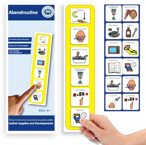Abendroutine Autismus, Visueller Tagesplan Schlafen Bildkarten (Deutsch) | Hilfsmittel für Kinder, ADHS, Alltag, 12 Symbole, 5 Schritte, PECS-kompatibel, Boardmaker PCS, robuster Kunststoff