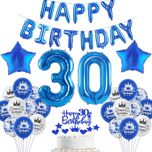 Blau Luftballon 30. Geburtstag Mann Deko - Folienballon, Party Dekorationen, Happy Birthday Girlande Banner, Geburtstagsdeko 30 Jahre - Ballon Deko für Männer