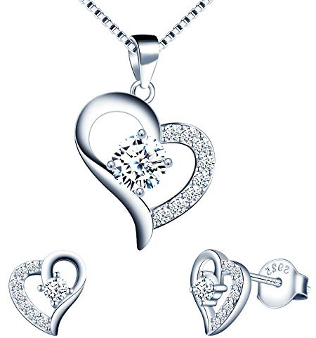 Yumilok dam smyckeset halsband med hjärta kärlek zirkonium hänge & dam örhängen örhängen i 925 sterlingsilver för kvinnor flickor, Sterlingsilver, Kubisk zirkonia
