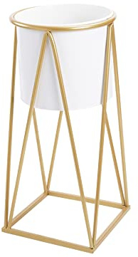 green leaves Large White Metal Planter Stand with Pot for Indoor Plants