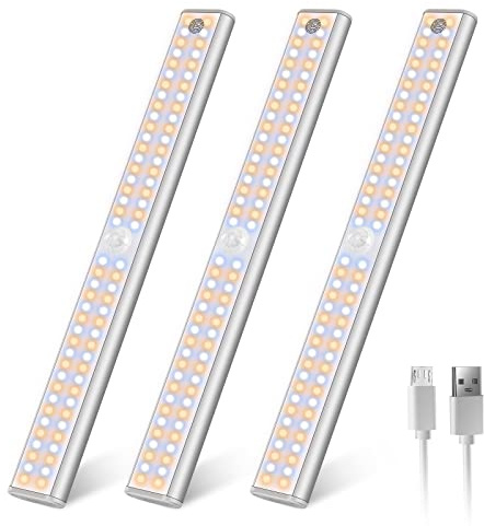 Wireless Motion Sensor Light Indoor, 80 LED Dimmable Closet Lights Rechargeable Under Cabinet Lighting, Magnetic Stick-on Under Counter Lights for Kitchen, Wardrobe, 3-Pack